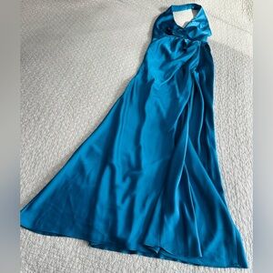 ASOS Design Blue Teal Satin Halter Neck Maxi Dress Gown Slit Ruching Size 4